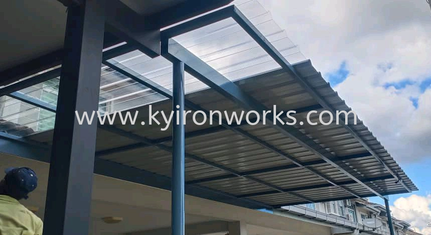 Mild Steel G28(0.35mm)Metal Deck & Poly Glass(1.0mm) Awning- Frame Ms 1X1(1.0)Hollow ,Bean Ms 2x4(1.6)Hollow ,Pillar Ms 2 Inchi Round Hollow 
