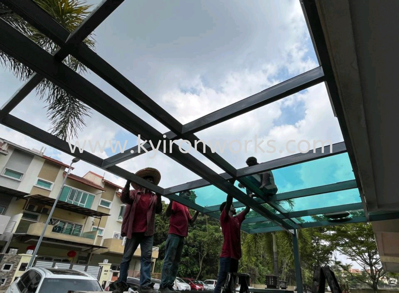 Mild Steel Laminate Glass(10mm) Roof Awning -Frame Ms 2x4(1.9)Hollow ,Bean IBean ,Pillar Ms 4x4(1.9)Hollow