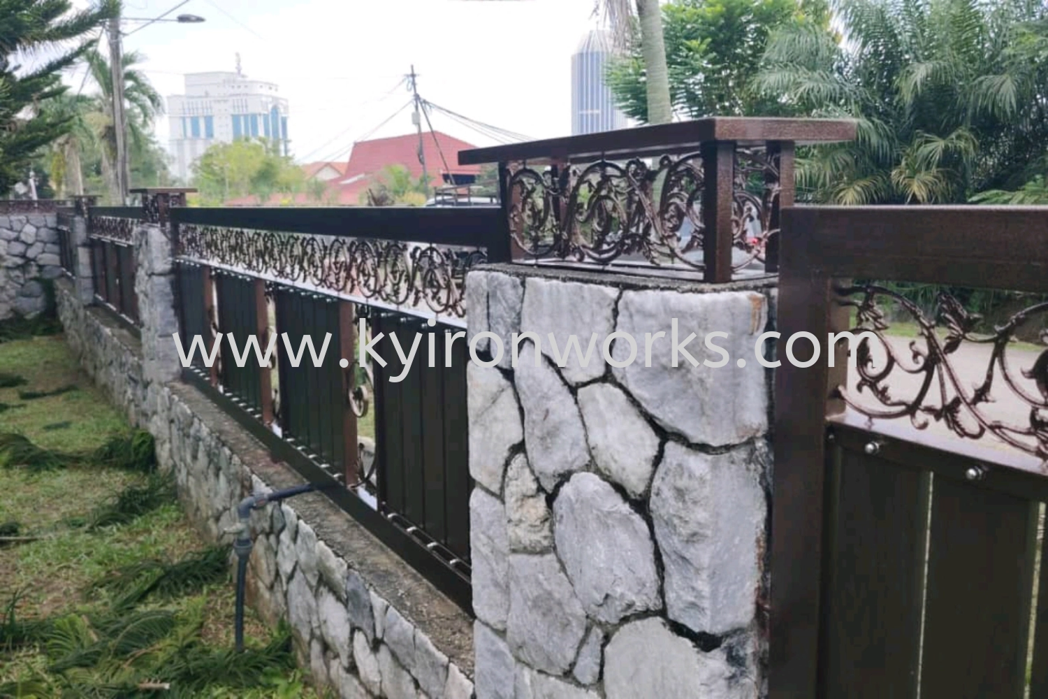 Wrought iron Steel Flower bundle Aluminium Panel (Wood Black Brown) Fencing